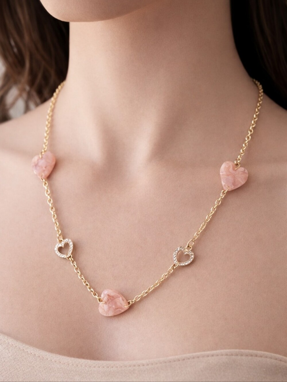 Long 36 inches Gold-tone Pink and Rhinestone Heart necklace